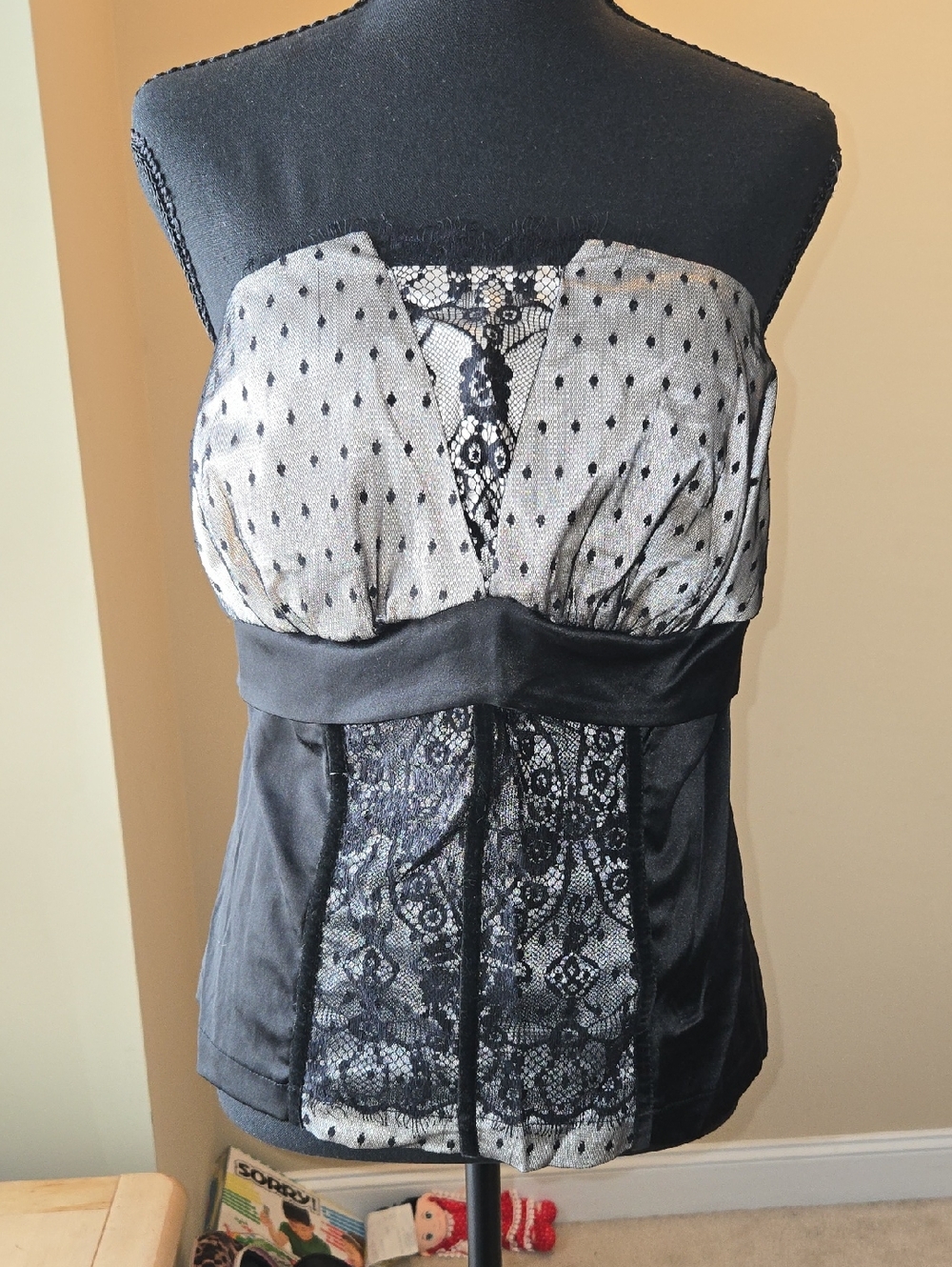 Torrid Black Lace and Silver-Dotted Strapless Top
